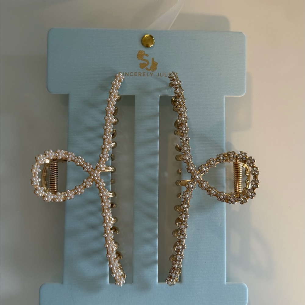 ✨ NWT Sincerely Jules Pearl & Gold Bow Hair Clips XL – Chic Decorative Pair!